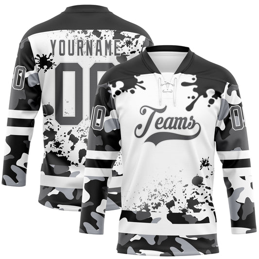 Custom Camo Steel Gray Black-White Splash Hockey Lace Neck Jersey