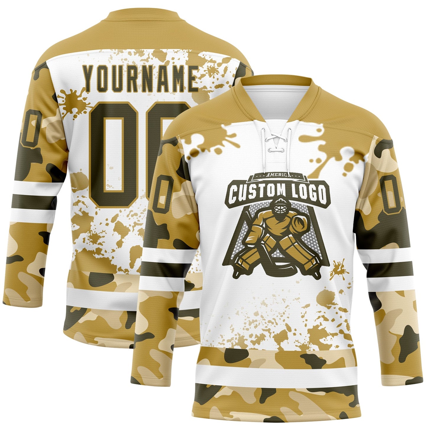 Custom Camo Olive Old Gold-White Splash Hockey Lace Neck Jersey