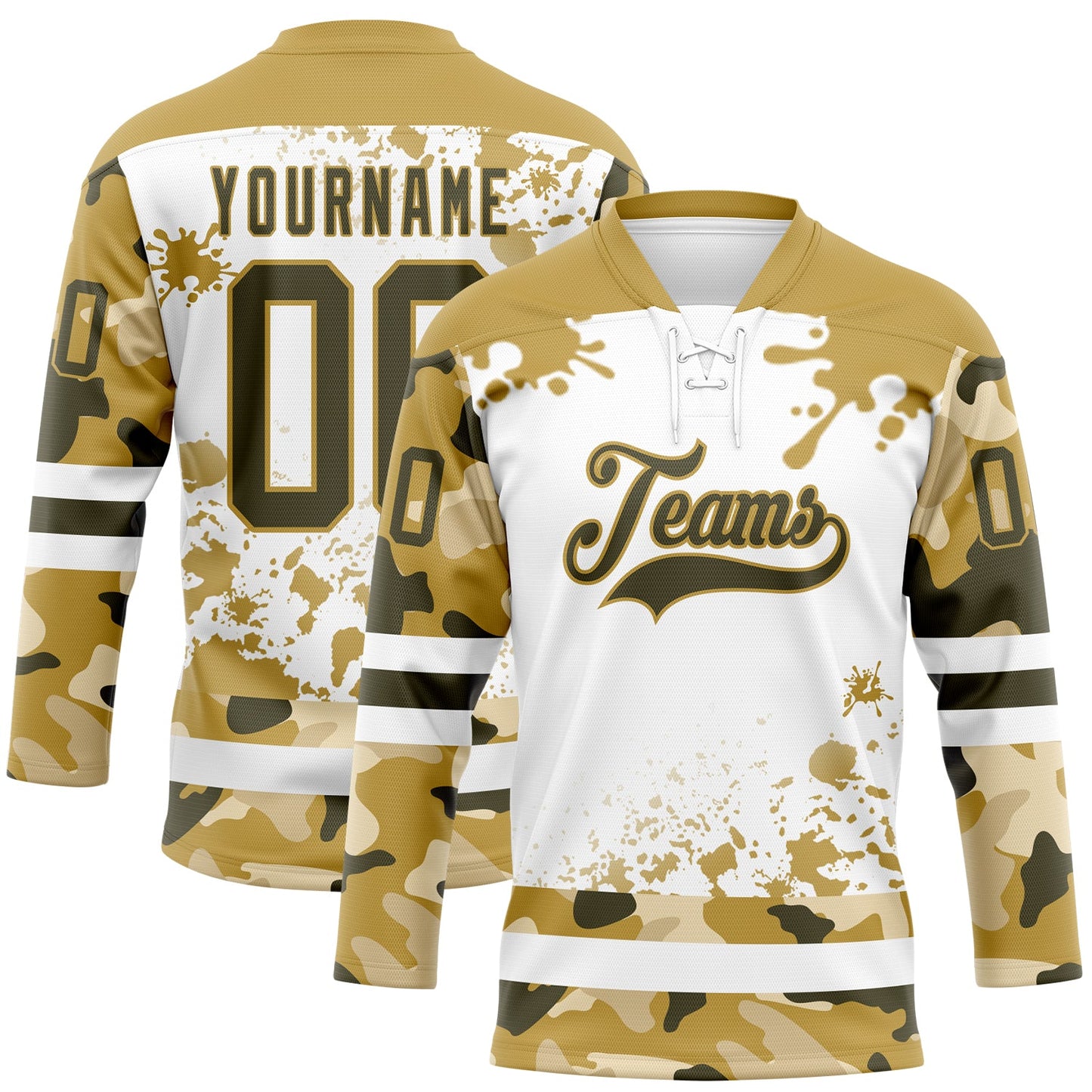 Custom Camo Olive Old Gold-White Splash Hockey Lace Neck Jersey