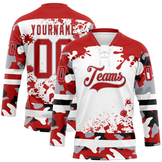 Custom Camo Red Black Gray-White Splash Hockey Lace Neck Jersey