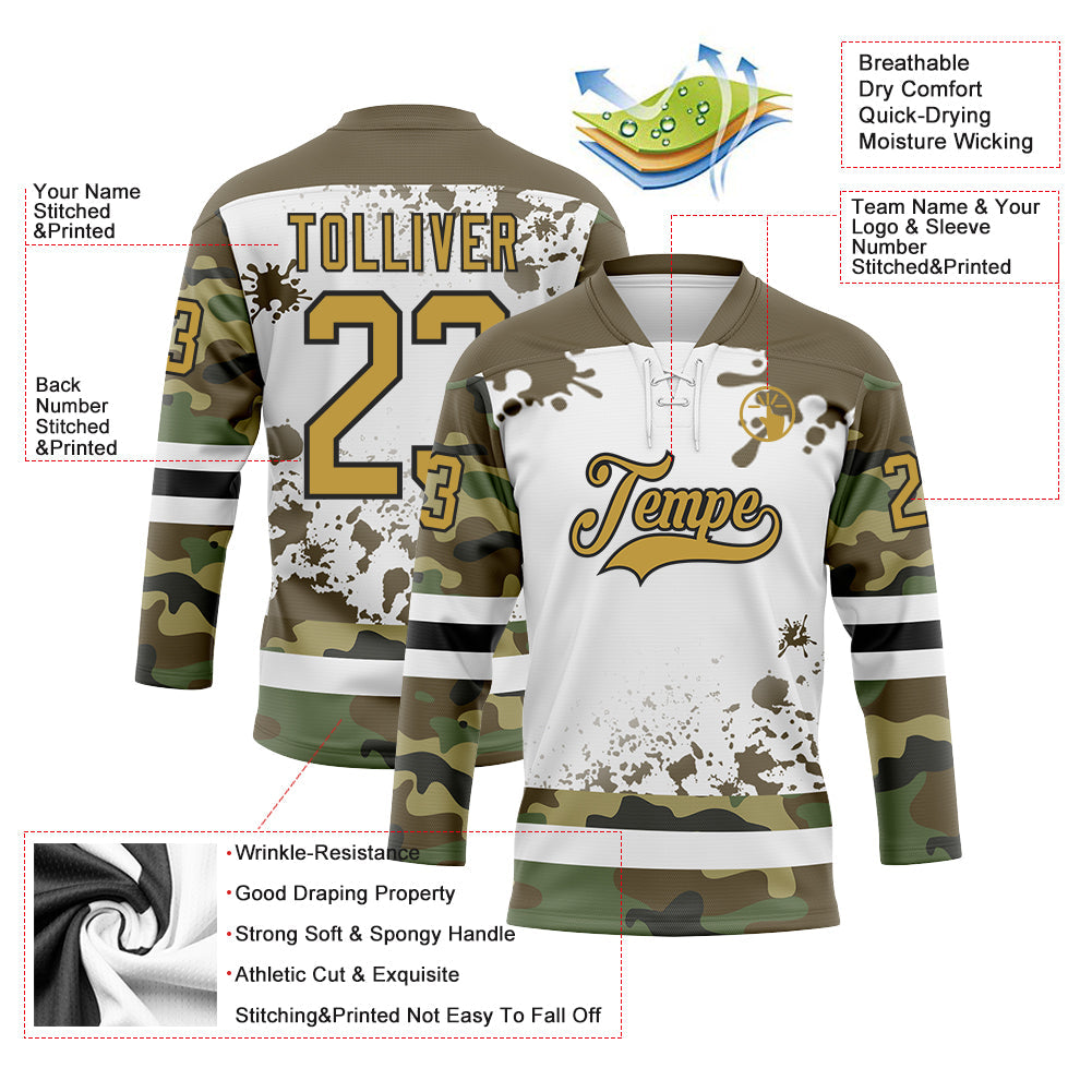 Custom Camo Old Gold Olive Black-White Splash Hockey Lace Neck Jersey