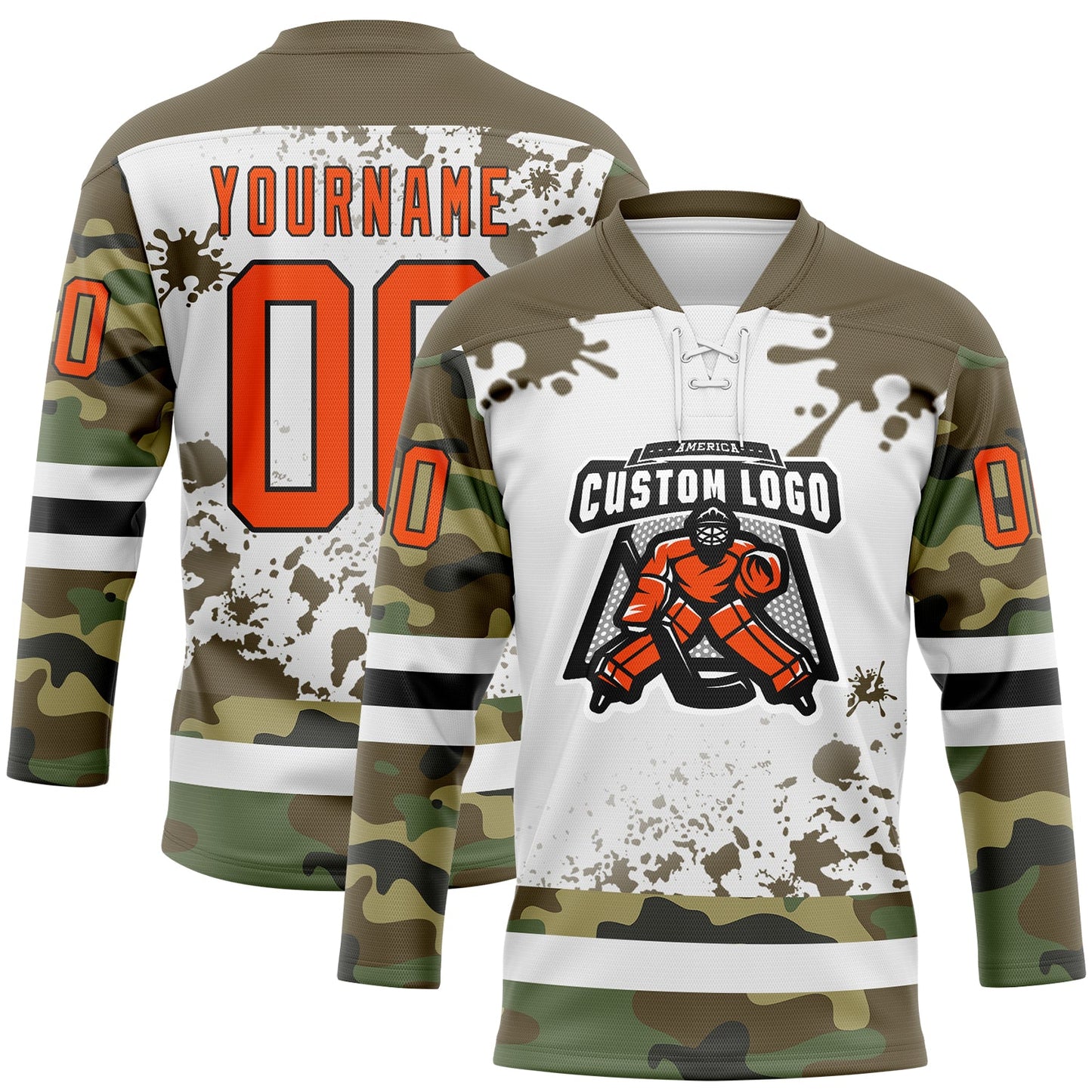 Custom Camo Orange Olive Black-White Splash Hockey Lace Neck Jersey