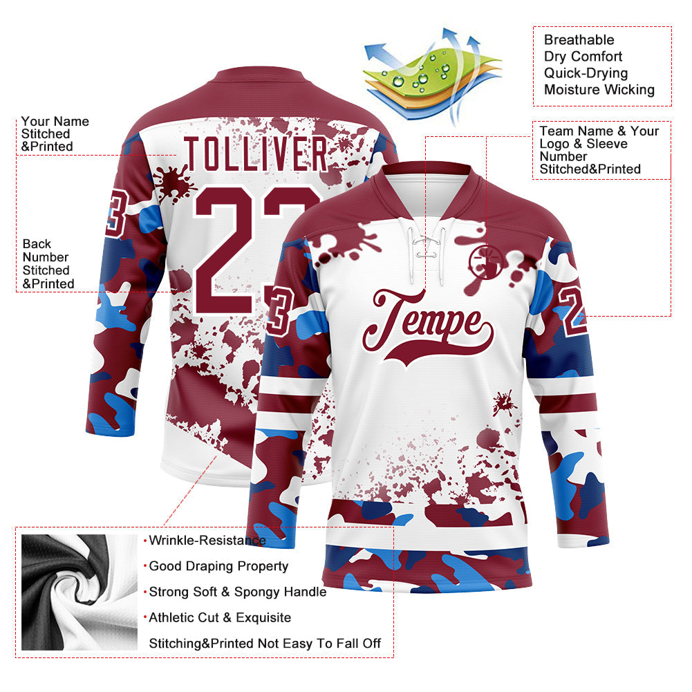 Custom Camo Crimson-White Splash Hockey Lace Neck Jersey