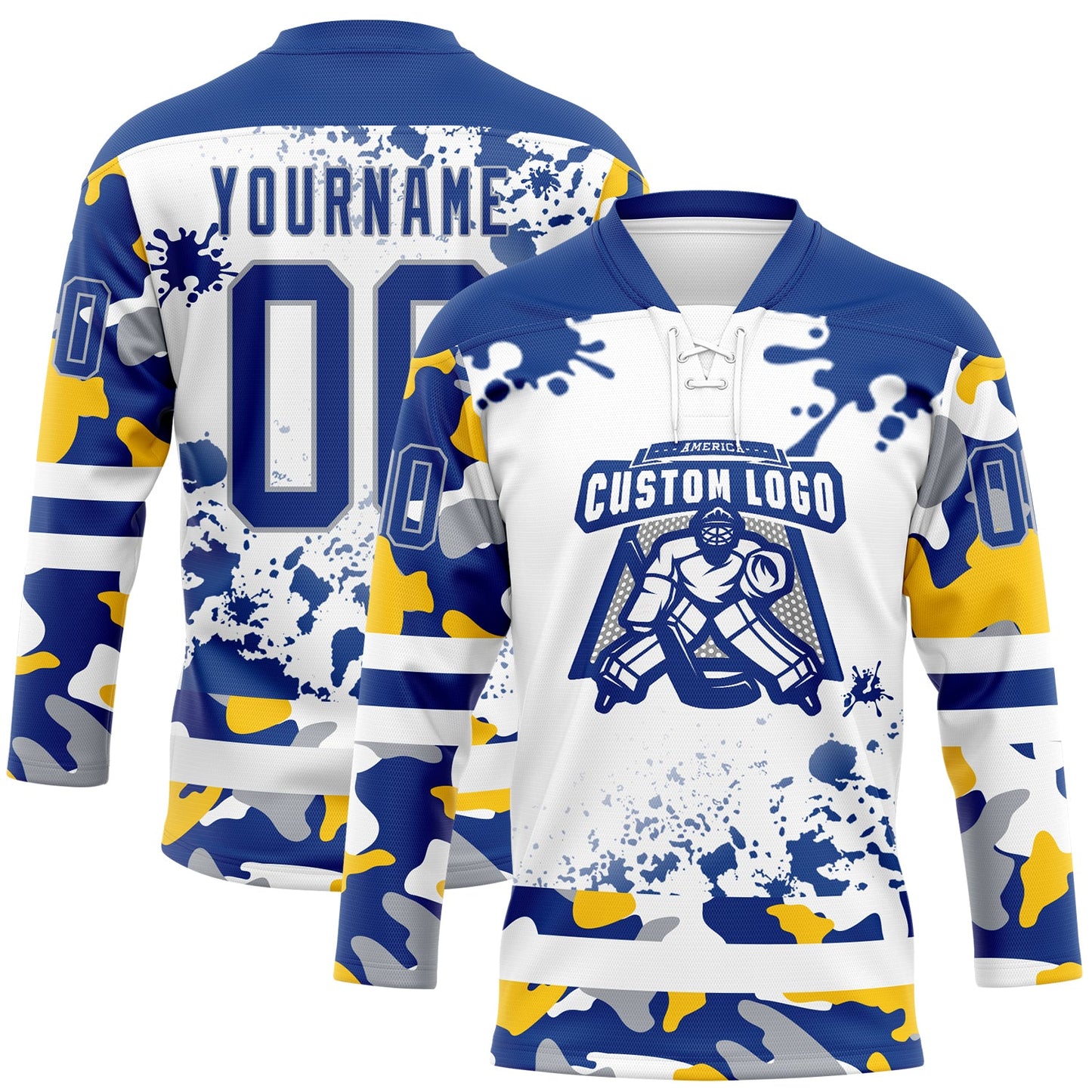 Custom Camo Royal Gray-White Splash Hockey Lace Neck Jersey