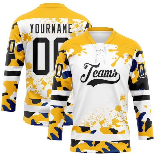 Custom Camo Black Gold-White Splash Hockey Lace Neck Jersey