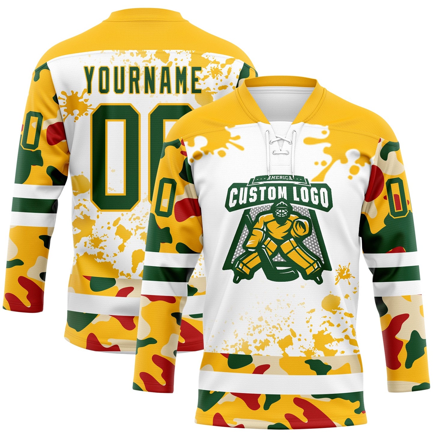 Custom Camo Green Gold-White Splash Hockey Lace Neck Jersey