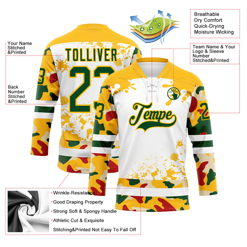 Custom Camo Green Gold-White Splash Hockey Lace Neck Jersey