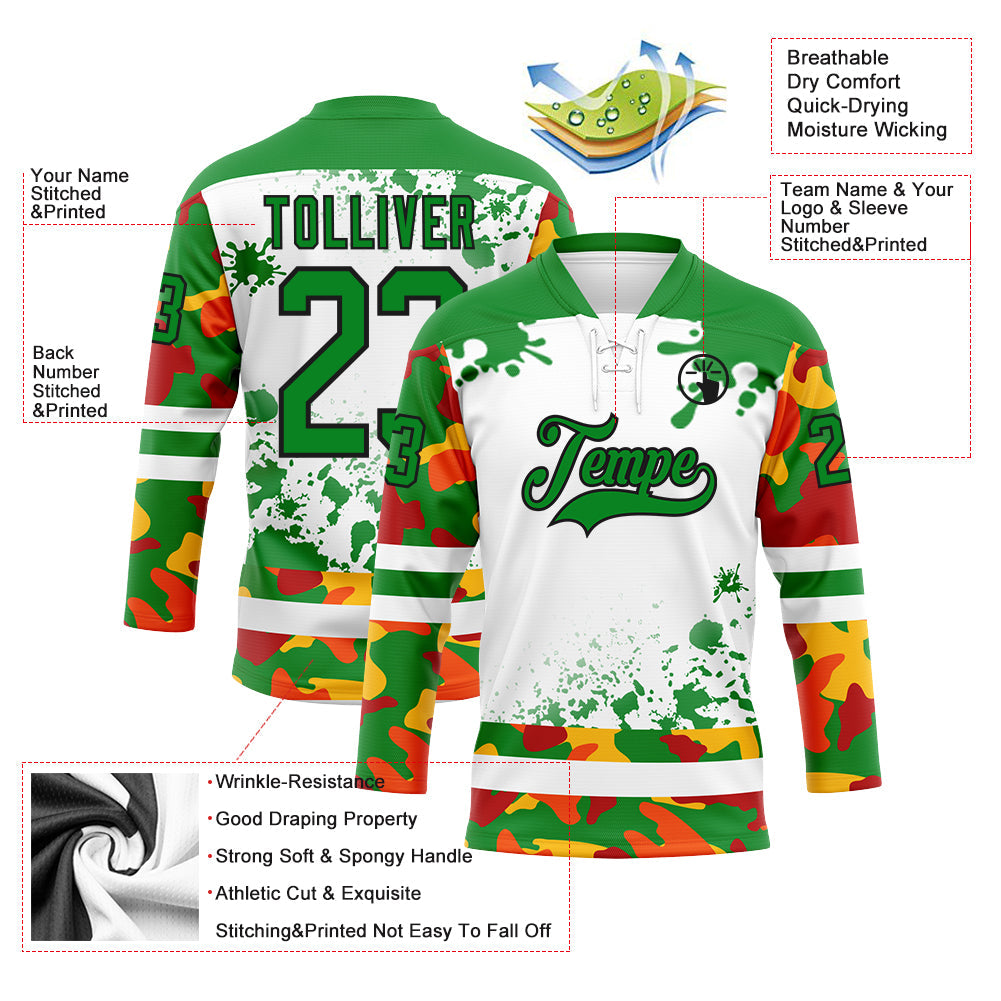 Custom Camo Grass Green Black-White Splash Hockey Lace Neck Jersey