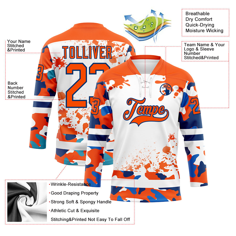 Custom Camo Orange US Navy Blue-White Splash Hockey Lace Neck Jersey