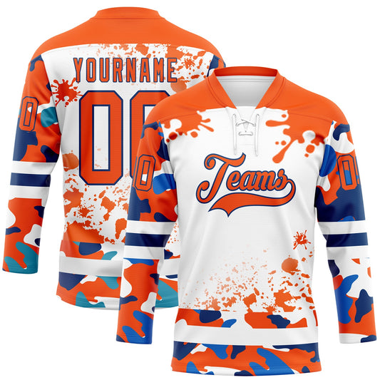 Custom Camo Orange US Navy Blue-White Splash Hockey Lace Neck Jersey