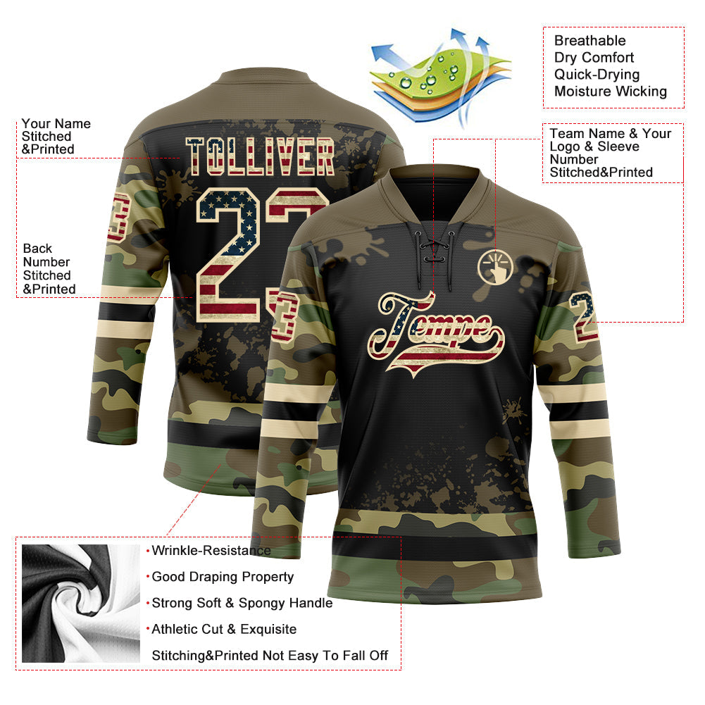 Custom Camo Vintage USA Flag Olive Black-Cream Splash Hockey Lace Neck Jersey
