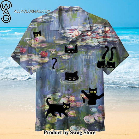 Cat In Waterlilies Upcycled Hawaiian Shirt