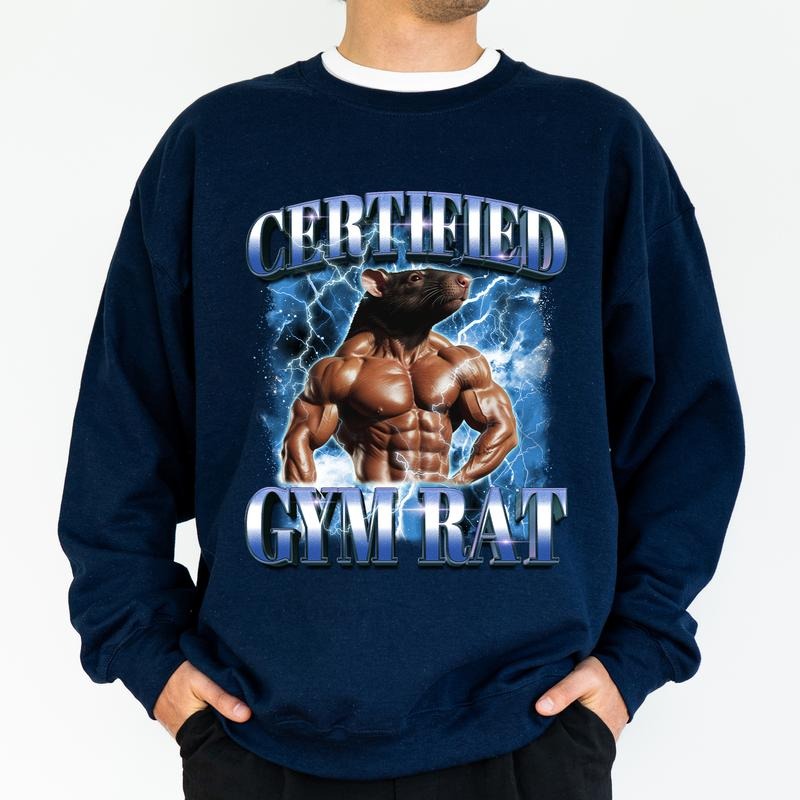 Certified Gym Rat Sweatshirt, Vintage 90s Style Crewneck For Gymer, Funny Gym Meme Rap Tee Style Long Sleeved Pullover, Funny Gift For Gymer