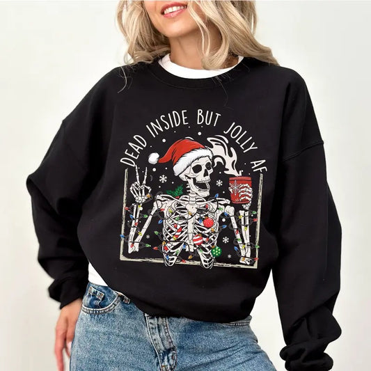 Christmas Skeleton Sweatshirt, Dead Inside but Jolly AF, Funny Santa Skeleton Crewneck For Women, Skull Lover Sweater, Sarcastic Tees For Girls, Xmas Holiday Gifts, Comfy Long Sleeve Pullover, Unhinged Fabric Women's Tops, Soft Cozy Casual Womenswear