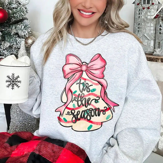 Christmas Tree Bow Sweatshirt, Coquette Christmas Tree Cakes Shirt, Christmas Tree Cake Sweatshirt, Christmas Coquette Shirt, Pink Christmas Sweatshirt