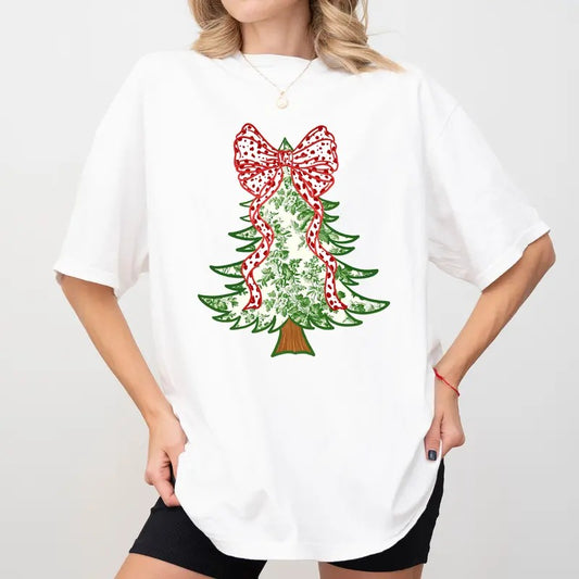 Christmas Tree Comfort Colors Shirt, Green Grandmillennial Christmas Tree Tee, Christmas Coquette Bow Unhinged Tees, Holiday Oversized Tee