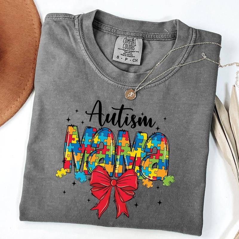 Comfort Colors Autism Mama Bow Shirt, Retro Autism Coquette T-Shirt, Autism Advocate Shirt, Special Education T-Shirt, Unisex T-Shirt