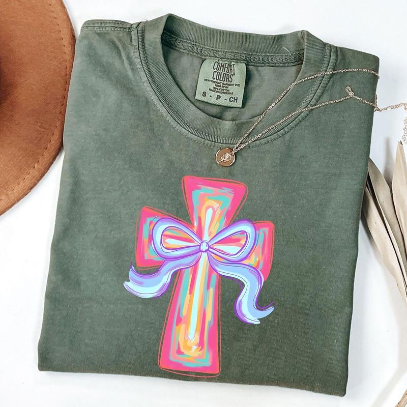 Comfort Colors Cross Easter Pink Brushstroke Shirt, He Is Risen Shirt, Cross Coquette Bow T-Shirt