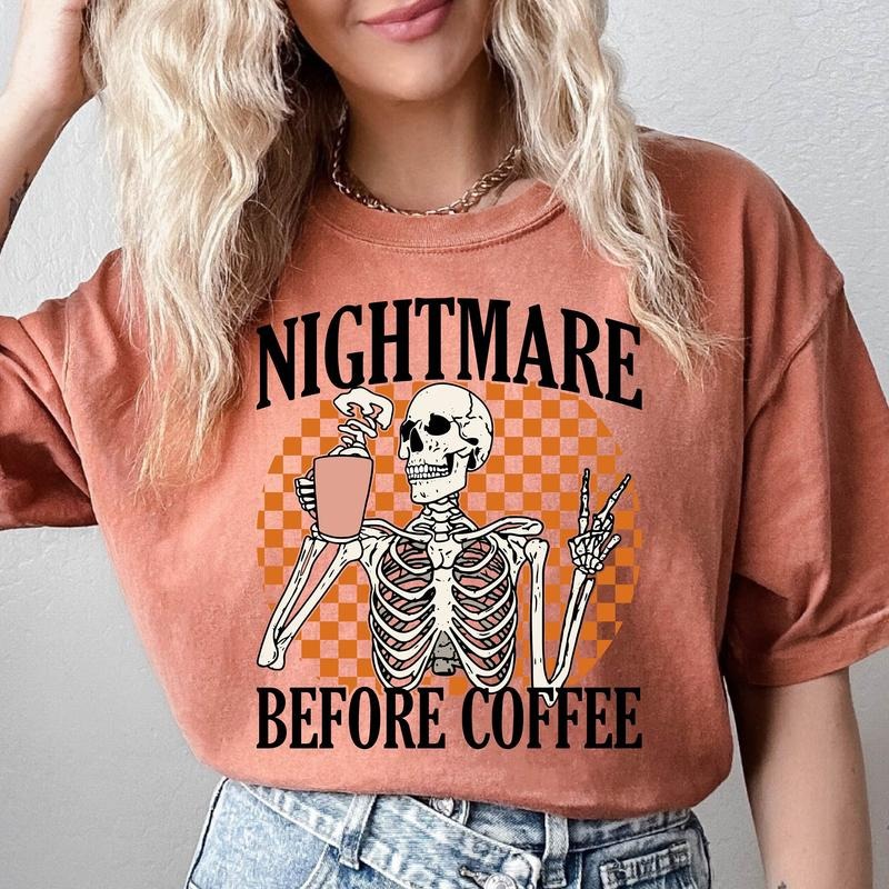 Comfort Colors Funny Halloween Shirt, Cute Skeleton Halloween Shirt, Coffee Fall Shirt, Spooky Season, Womens Coffee Lover Skeleton Shirt