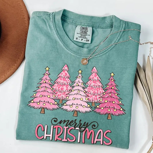 Comfort Colors Merry Christmas Pink Tree Shirt, Merry And Bright Christmas Shirt, Women's Christmas T-Shirt Cotton Fit