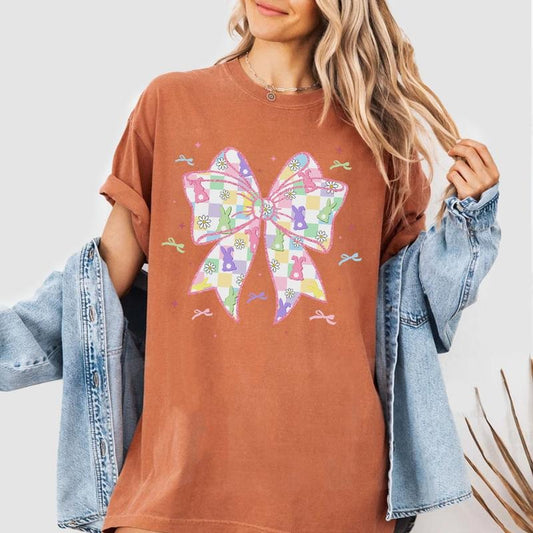 Coquette Bow Easter Shirt, Pastel Bunny Checkered Tee, Cute Spring Bow Graphic Shirt, Girly Easter Outfit for Women