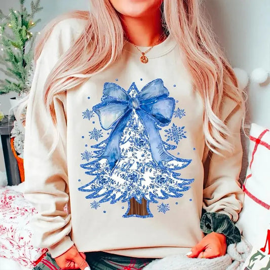 Coquette Chinoiserie Christmas Tree Sweatshirt, Coquette Blue Christmas Shirt, Christmas Toile Sweater, Blue Floral Bow Shirt, Preppy Christmas Crewneck