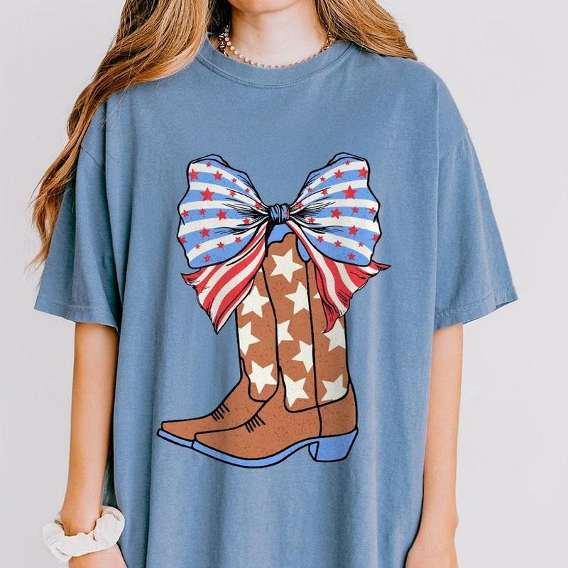 Coquette Cowgirl Boots Shirts, Pink Bow Coquette Shirt, 4th Of July Shirt, America T-shirt For Women, Western 4th Of July, Fourth Of July Tee, Independence Day Gifts, Patriotic Shirts, Western Cowgirl Tee, Women's Tops