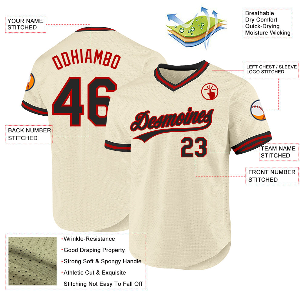 Custom Cream Black-Red Authentic Throwback Baseball Jersey