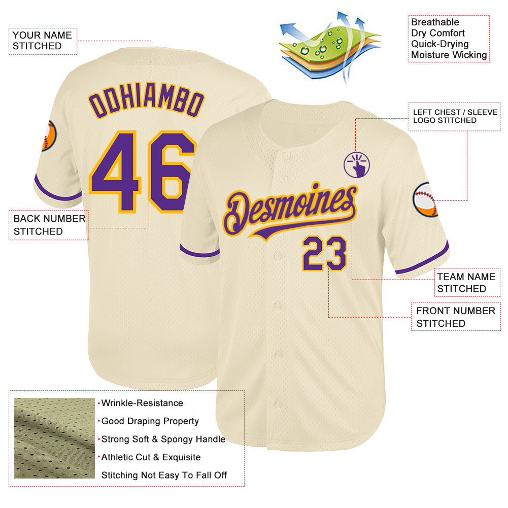 Custom Cream Purple-Gold Mesh Authentic Throwback Baseball Jersey