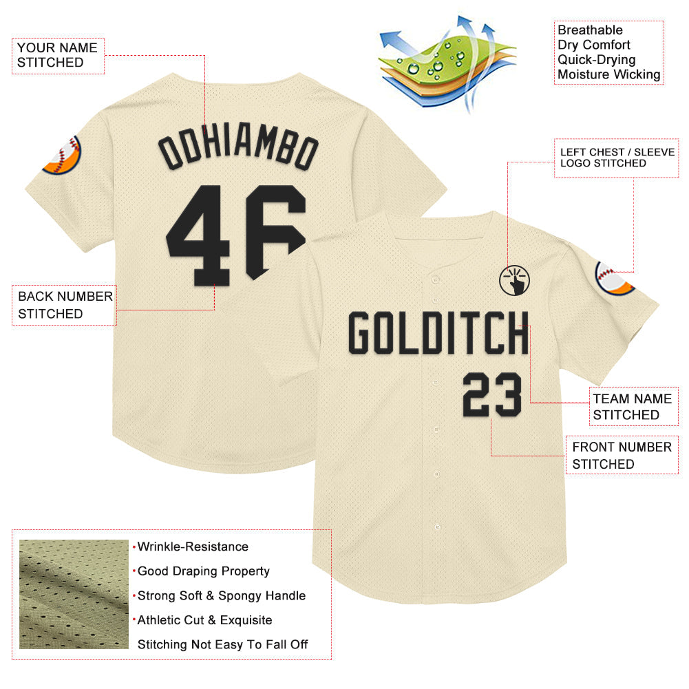 Custom Cream Black Mesh Authentic Throwback Baseball Jersey