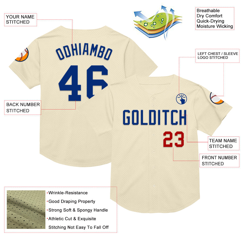 Custom Cream Royal-Red Mesh Authentic Throwback Baseball Jersey