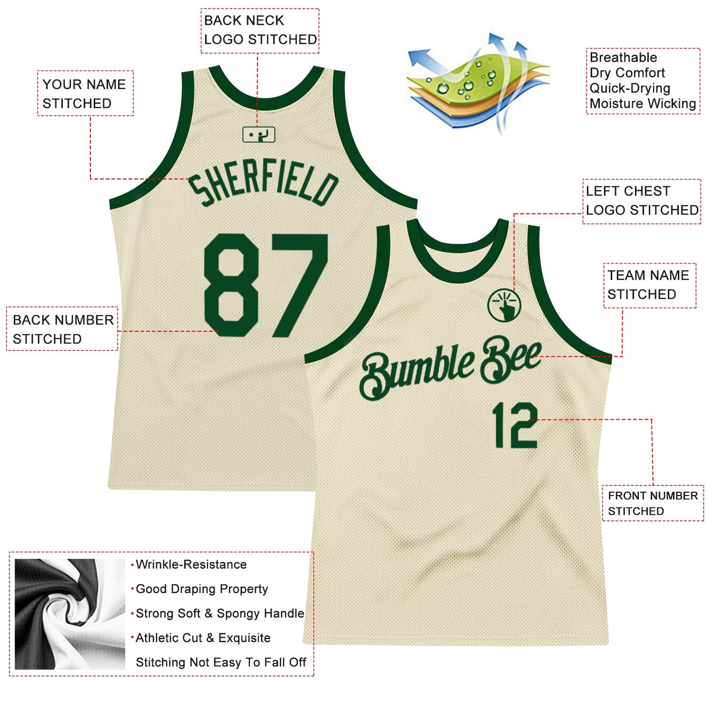 Custom Cream Green Authentic Throwback Basketball Jersey