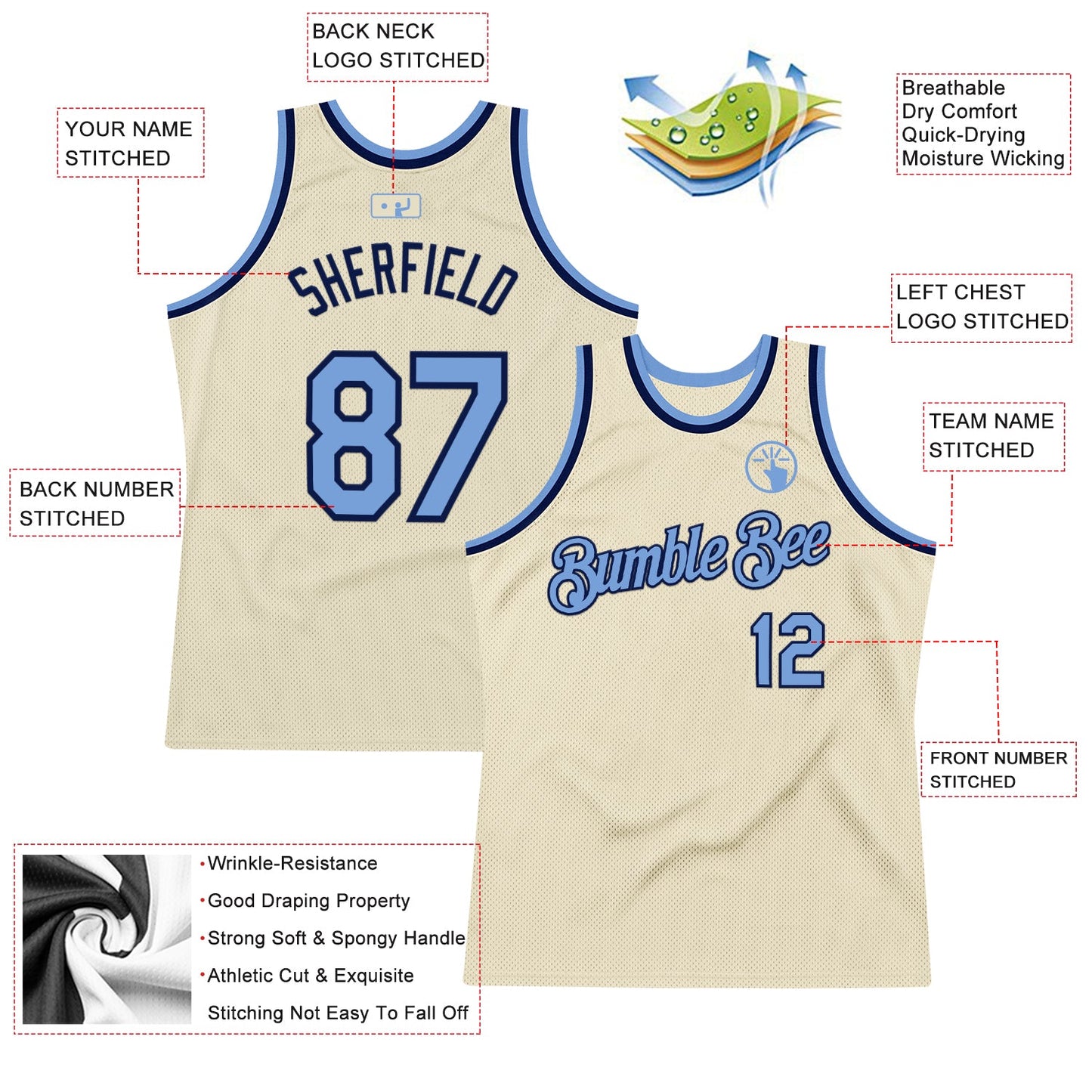 Custom Cream Light Blue-Navy Authentic Throwback Basketball Jersey