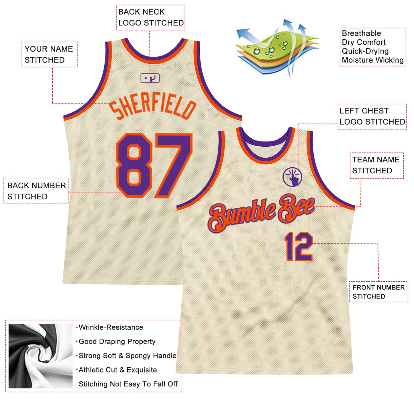 Custom Cream Purple-Orange Authentic Throwback Basketball Jersey