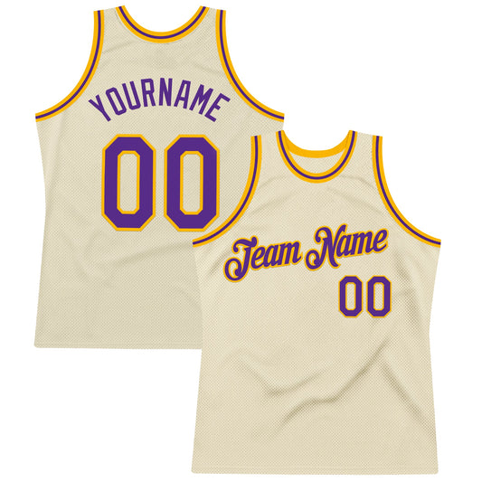 Custom Cream Purple-Gold Authentic Throwback Basketball Jersey