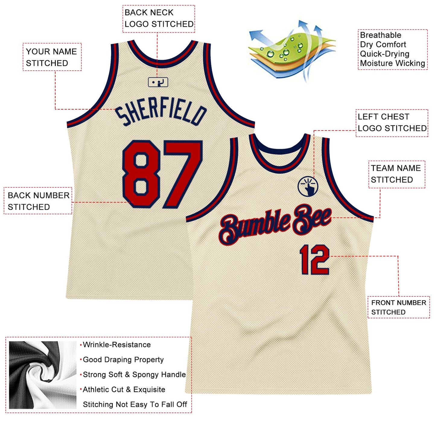 Custom Cream Red-Navy Authentic Throwback Basketball Jersey