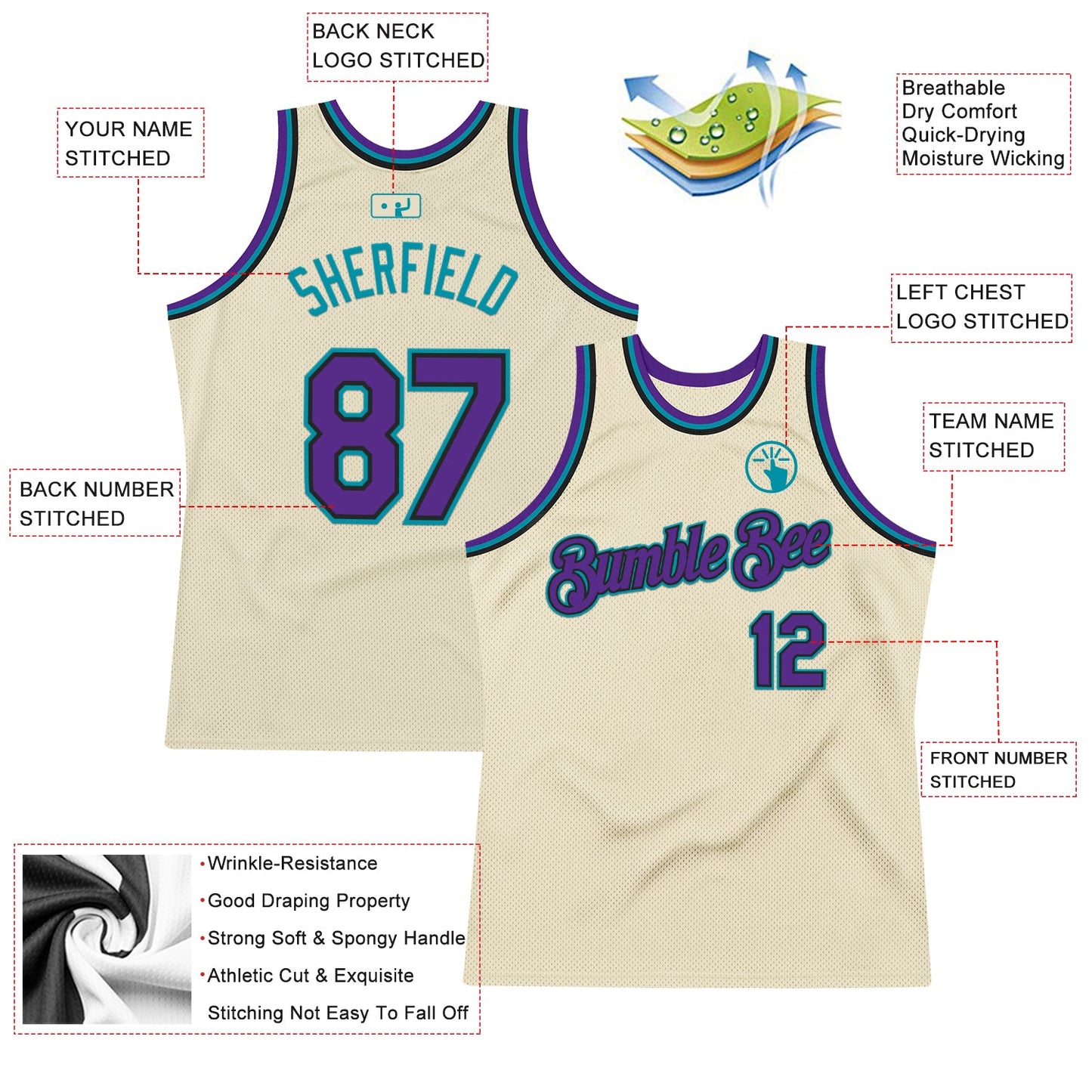 Custom Cream Purple Black-Teal Authentic Throwback Basketball Jersey