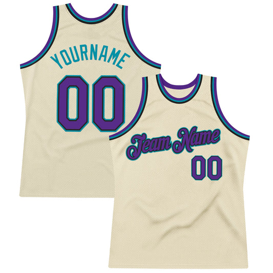 Custom Cream Purple Black-Teal Authentic Throwback Basketball Jersey
