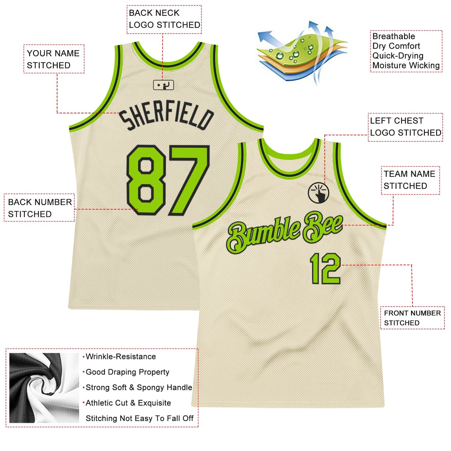 Custom Cream Neon Green-Black Authentic Throwback Basketball Jersey
