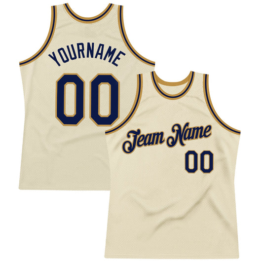 Custom Cream Navy-Old Gold Authentic Throwback Basketball Jersey