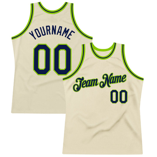 Custom Cream Navy-Neon Green Authentic Throwback Basketball Jersey