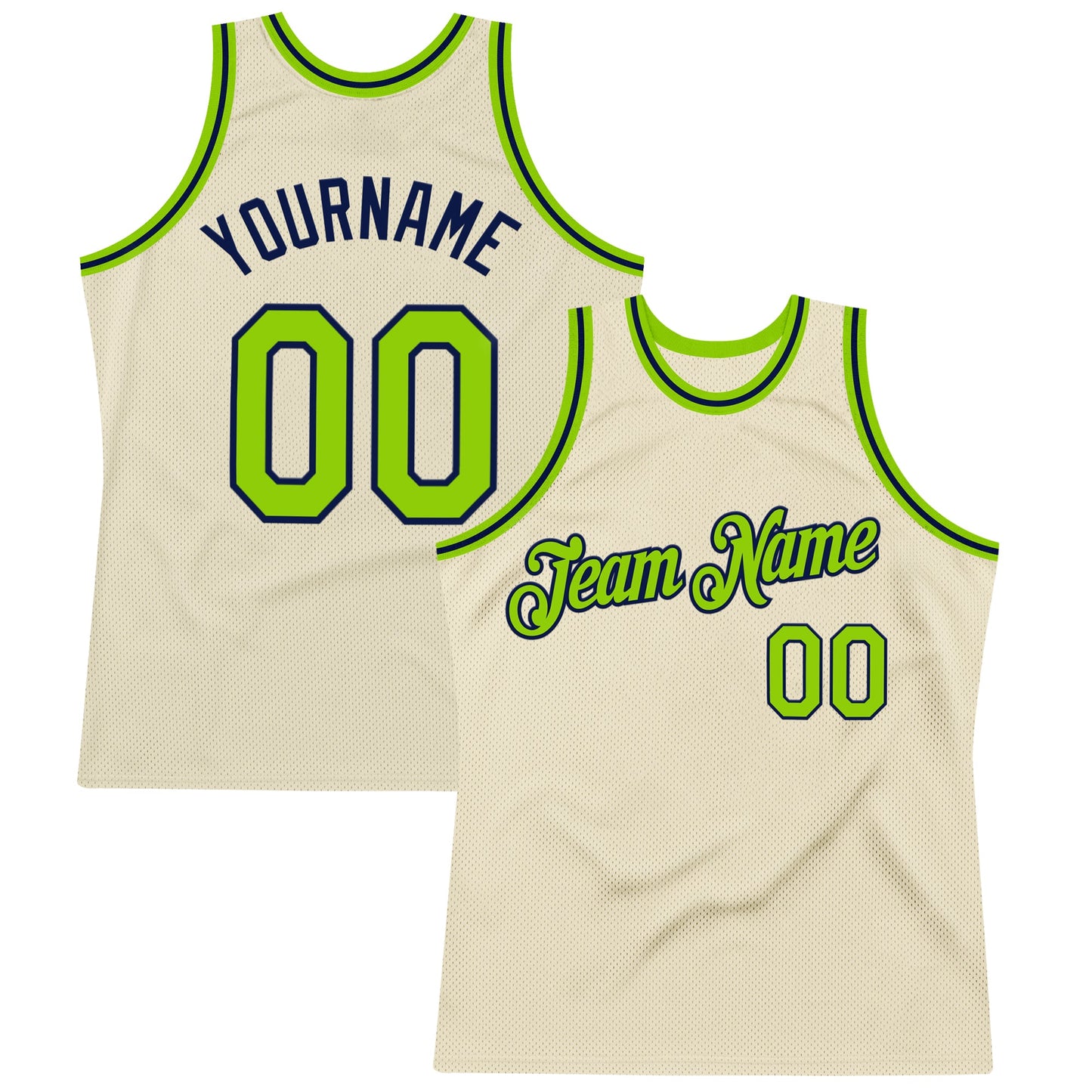 Custom Cream Neon Green-Navy Authentic Throwback Basketball Jersey