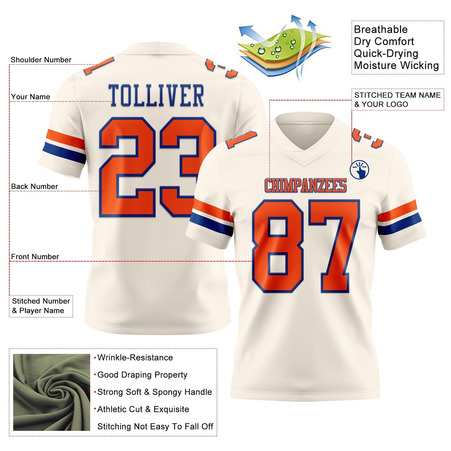 Custom Cream Orange-Royal Authentic Football Jersey