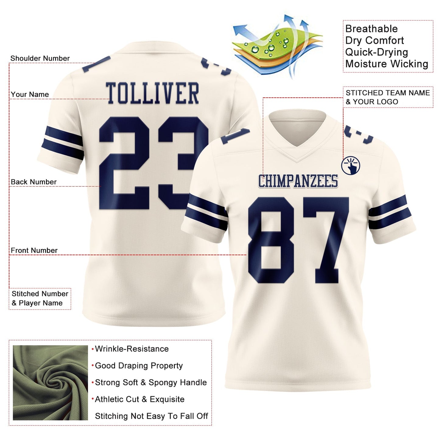 Custom Cream Navy Authentic Football Jersey