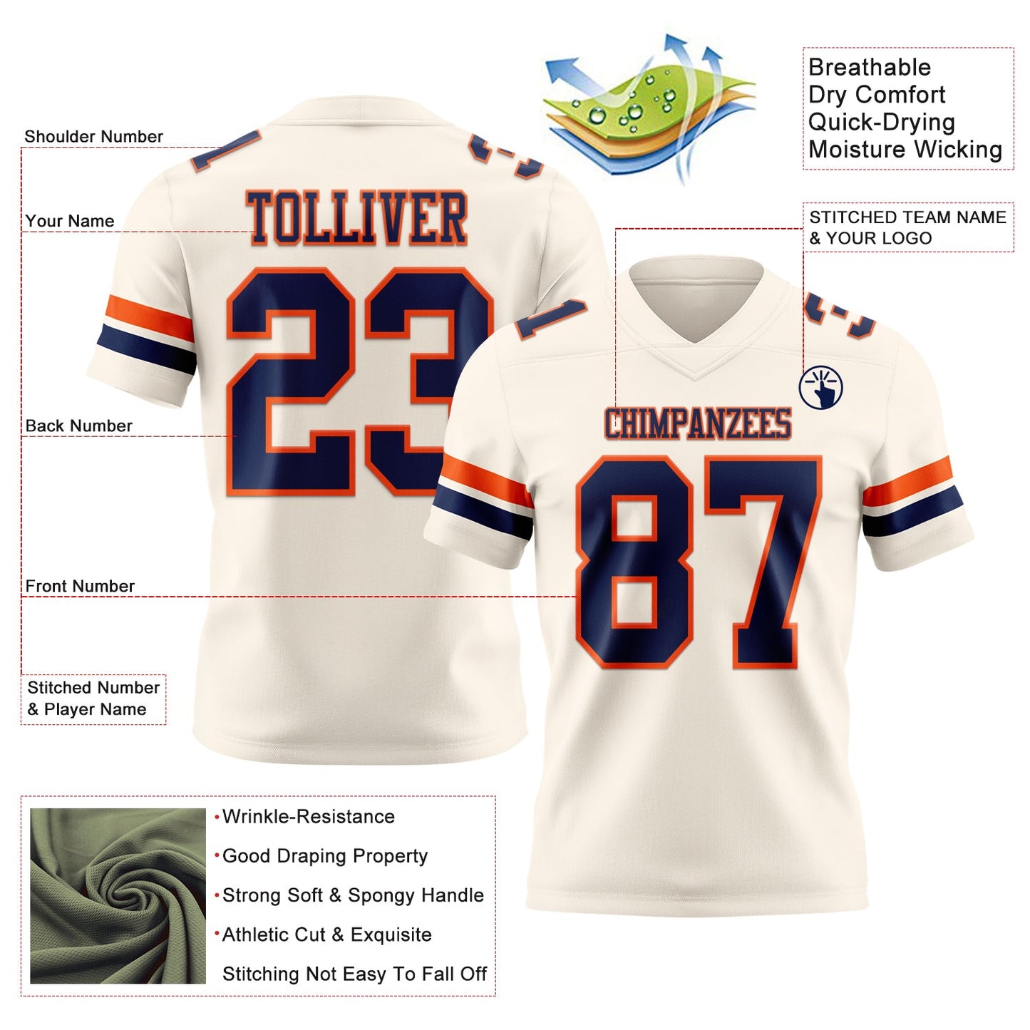 Custom Cream Navy-Orange Authentic Football Jersey