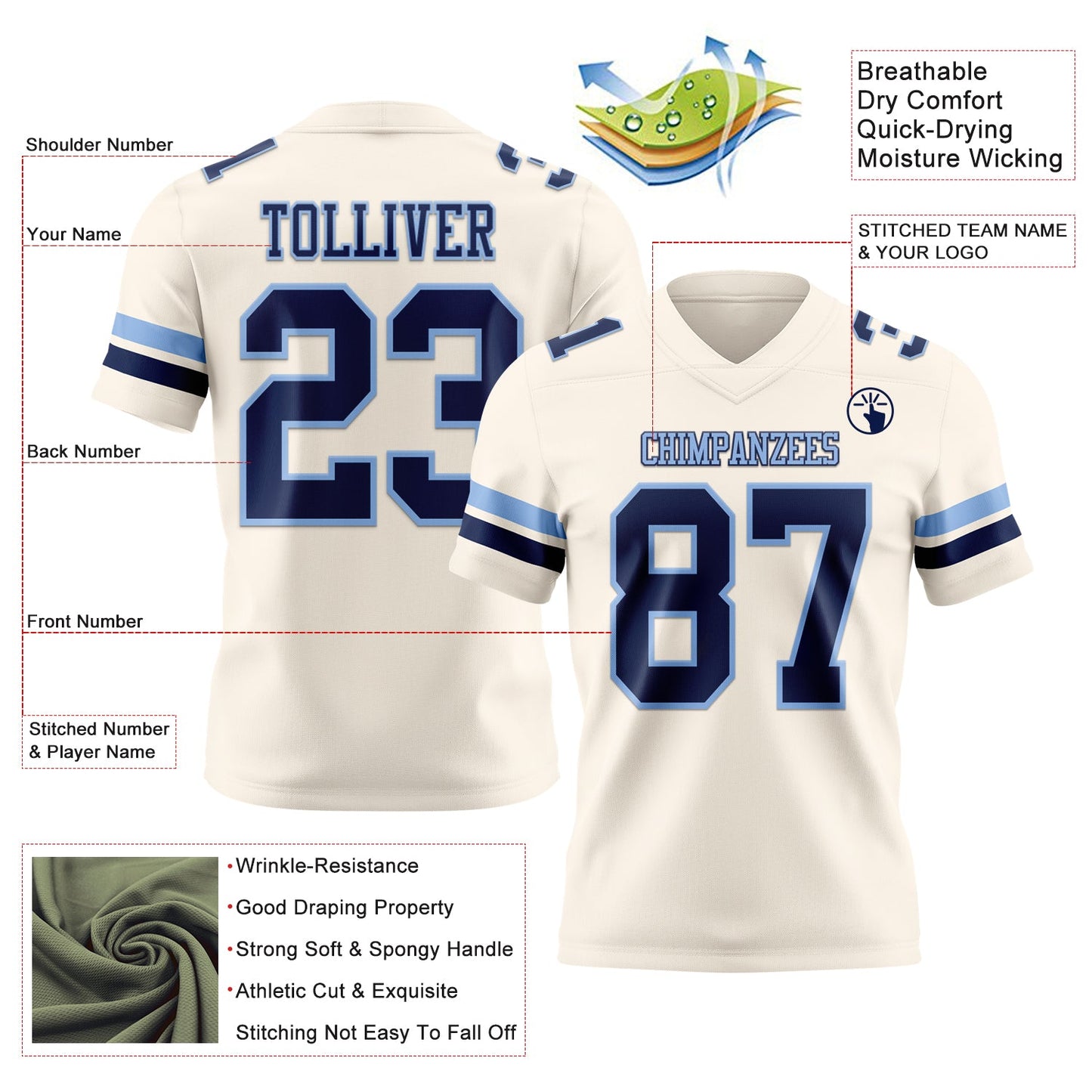 Custom Cream Navy-Light Blue Authentic Football Jersey