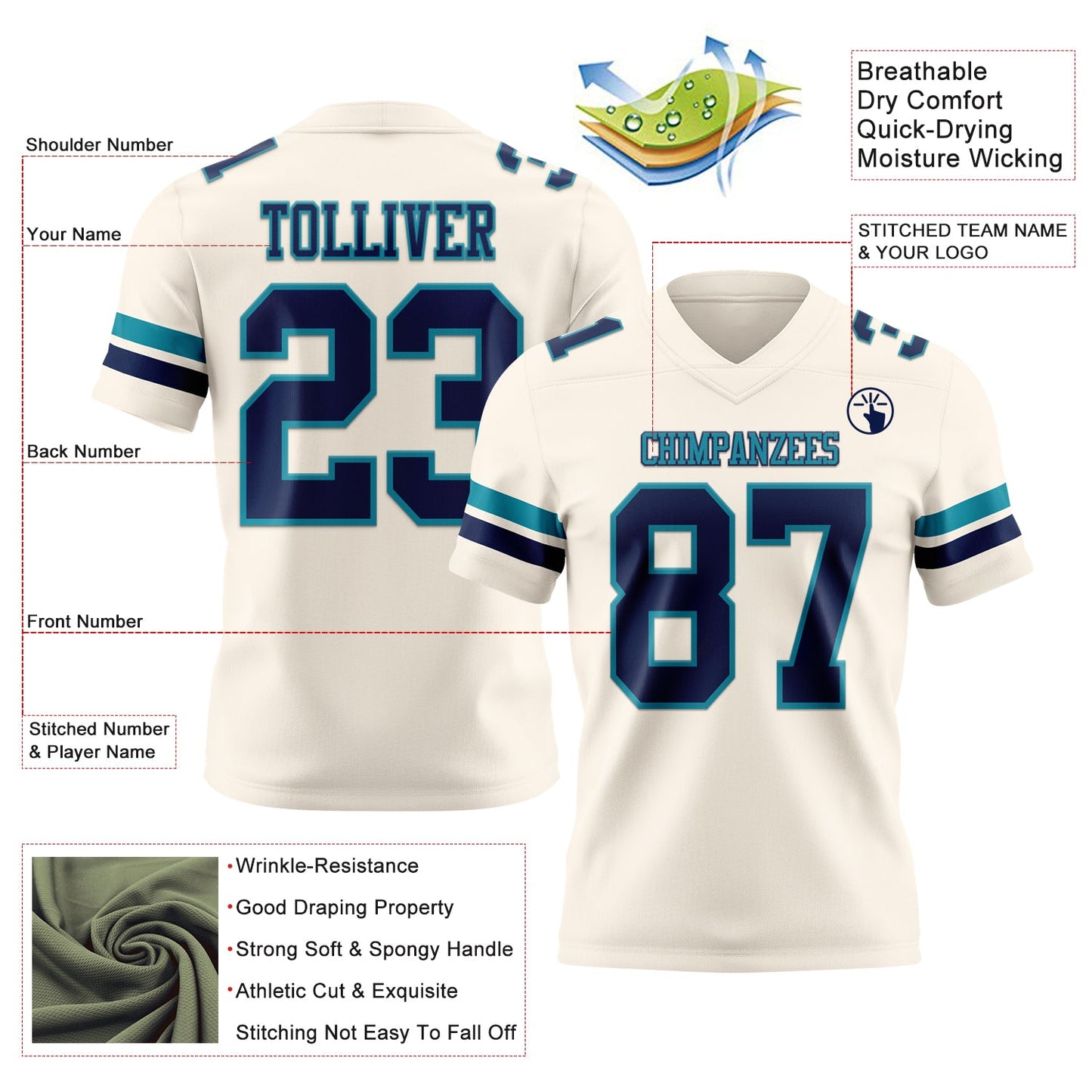 Custom Cream Navy-Teal Authentic Football Jersey