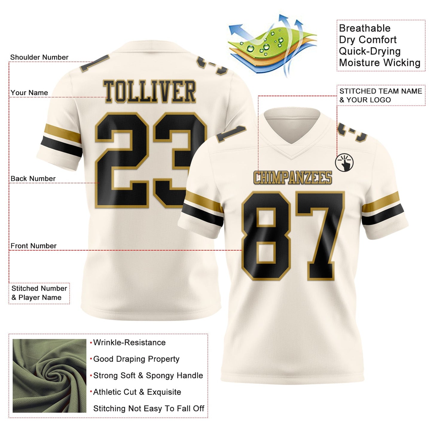 Custom Cream Black-Old Gold Authentic Football Jersey