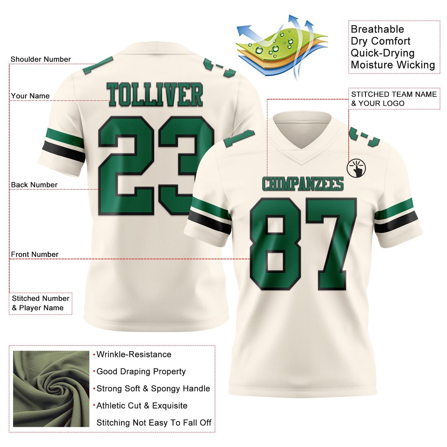 Custom Cream Kelly Green-Black Authentic Football Jersey