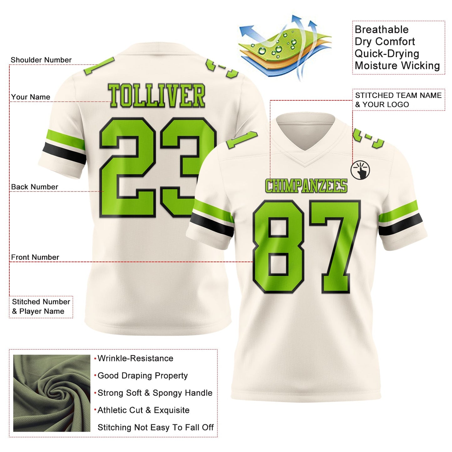 Custom Cream Neon Green-Black Authentic Football Jersey
